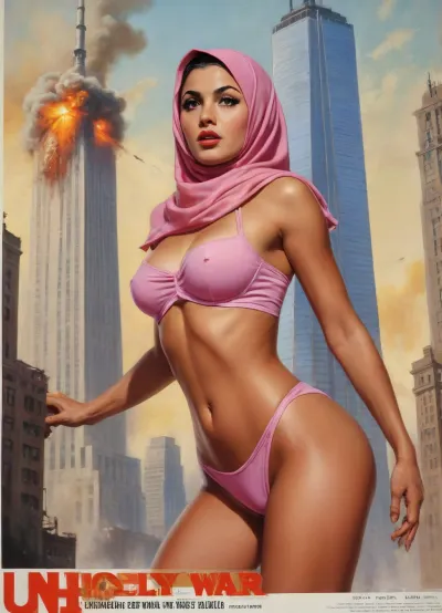 (TITLE TEXT "Unholy War":1.5), (movie poster:1.2), (huge letters, movie title text:1.2), (Muslim woman, brown skin:1.3), (Arab woman:1.1), (brown skin:1.3), (religious hijab:1.3), wet sweaty body, big text on poster, sweaty body, ((string bikini bottom)), sideview, (((tight uniform 50's))), (((pin up 1940's))), (explosion on World Trade Center:1.1), (September 11 attacks photo in background), (explosion on skyscraper:1.3), (hijab:1.2), (((Movie poster 1950's))), (9/11 September twin tower attack:1.2), (airplanes crashing in skyscraper:1.1), (she is wearing a pink hijab), Photography, photorealism, tall, beautiful perfect figure, Knee-high boots, perfect tall legs, charming eyes, sad yet gracious face, dark background, fantasy art capturing the style of Aaron Horkey, Jeremy Mann and Luis Royo, body-focused composition from a low angle, alluring figure, dark fantasy, dynamic composition, warm hues, showcases acrylic calligraphy, watercolor techniques integrated seamlessly into a maximalist masterpiece, detailed with gouache fluidity, golden hour light, hyperrealism, hypperrealistic, hyperdetailed, 64k, ultraHDR, Movie, Poster, page, panties, pulled, to, side, pussy, shaved, <lora:Movie Poster:.5>, <lora:Pussy_pants_nohands_D03_realvizXL2_bucket_01-000010:.5>