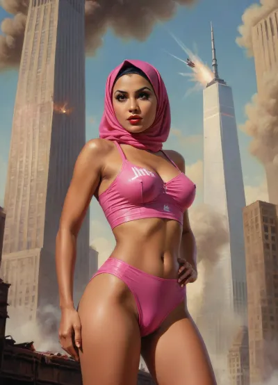 (TITLE TEXT "Unholy War":1.5), (movie poster:1.2), (huge letters, movie title text:1.2), (Muslim woman, brown skin:1.3), (Arab woman:1.1), (brown skin:1.3), (religious hijab:1.3), wet sweaty body, big text on poster, sweaty body, ((string bikini bottom)), sideview, (((tight uniform 50's))), (((pin up 1940's))), (explosion on World Trade Center:1.1), (September 11 attacks photo in background), (explosion on skyscraper:1.3), (hijab:1.2), (((Movie poster 1950's))), (9/11 September twin tower attack:1.2), (airplanes crashing in skyscraper:1.1), (she is wearing a pink hijab), Photography, photorealism, tall, beautiful perfect figure, Knee-high boots, perfect tall legs, charming eyes, sad yet gracious face, dark background, fantasy art capturing the style of Aaron Horkey, Jeremy Mann and Luis Royo, body-focused composition from a low angle, alluring figure, dark fantasy, dynamic composition, warm hues, showcases acrylic calligraphy, watercolor techniques integrated seamlessly into a maximalist masterpiece, detailed with gouache fluidity, golden hour light, hyperrealism, hypperrealistic, hyperdetailed, 64k, ultraHDR, Movie, Poster, page, panties, pulled, to, side, pussy, shaved, <lora:Movie Poster:.5>, <lora:Pussy_pants_nohands_D03_realvizXL2_bucket_01-000010:.5>, logo, text, sign, that, says, the, word, <lora:texta:.8>