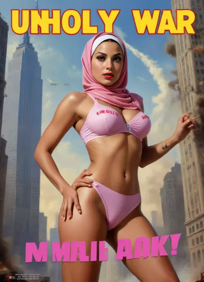(TITLE TEXT "Unholy War":1.5), (movie poster:1.2), (huge letters, movie title text:1.2), (Muslim woman, brown skin:1.3), (Arab woman:1.1), (brown skin:1.3), (religious hijab:1.3), wet sweaty body, big text on poster, sweaty body, ((string bikini bottom)), sideview, (((tight uniform 50's))), (((pin up 1940's))), (explosion on World Trade Center:1.1), (September 11 attacks photo in background), (explosion on skyscraper:1.3), (hijab:1.2), (((Movie poster 1950's))), (9/11 September twin tower attack:1.2), (airplanes crashing in skyscraper:1.1), (she is wearing a pink hijab), Photography, photorealism, tall, beautiful perfect figure, Knee-high boots, perfect tall legs, charming eyes, sad yet gracious face, dark background, fantasy art capturing the style of Aaron Horkey, Jeremy Mann and Luis Royo, body-focused composition from a low angle, alluring figure, dark fantasy, dynamic composition, warm hues, showcases acrylic calligraphy, watercolor techniques integrated seamlessly into a maximalist masterpiece, detailed with gouache fluidity, golden hour light, hyperrealism, hypperrealistic, hyperdetailed, 64k, ultraHDR, Movie, Poster, page, panties, pulled, to, side, pussy, shaved, <lora:Movie Poster:.5>, <lora:Pussy_pants_nohands_D03_realvizXL2_bucket_01-000010:.5>, logo, text, sign, that, says, the, word, <lora:texta:.8>