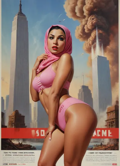 (TITLE TEXT "Unholy War":1.5), (movie poster:1.2), (huge letters, movie title text:1.2), (Muslim woman, brown skin:1.3), (Arab woman:1.1), (brown skin:1.3), (religious hijab:1.3), wet sweaty body, big text on poster, sweaty body, ((string bikini bottom)), sideview, (((tight uniform 50's))), (((pin up 1940's))), (explosion on World Trade Center:1.1), (September 11 attacks photo in background), (explosion on skyscraper:1.3), (hijab:1.2), (((Movie poster 1950's))), (9/11 September twin tower attack:1.2), (airplanes crashing in skyscraper:1.1), (she is wearing a pink hijab), Photography, photorealism, tall, beautiful perfect figure, Knee-high boots, perfect tall legs, charming eyes, sad yet gracious face, dark background, fantasy art capturing the style of Aaron Horkey, Jeremy Mann and Luis Royo, body-focused composition from a low angle, alluring figure, dark fantasy, dynamic composition, warm hues, showcases acrylic calligraphy, watercolor techniques integrated seamlessly into a maximalist masterpiece, detailed with gouache fluidity, golden hour light, hyperrealism, hypperrealistic, hyperdetailed, 64k, ultraHDR, Movie, Poster, page, panties, pulled, to, side, pussy, shaved, <lora:Movie Poster:.5>, <lora:Pussy_pants_nohands_D03_realvizXL2_bucket_01-000010:.5>, logo, text, sign, that, says, the, word, <lora:texta:.8>