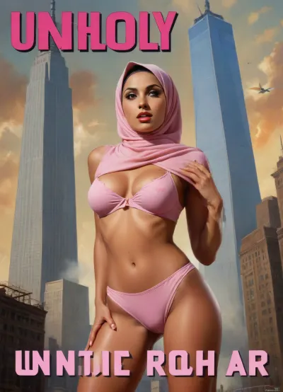 (TITLE TEXT "Unholy War":1.5), (movie poster:1.2), (huge letters, movie title text:1.2), (Muslim woman, brown skin:1.3), (Arab woman:1.1), (brown skin:1.3), (religious hijab:1.3), wet sweaty body, big text on poster, sweaty body, ((string bikini bottom)), sideview, (((tight uniform 50's))), (((pin up 1940's))), (explosion on World Trade Center:1.1), (September 11 attacks photo in background), (explosion on skyscraper:1.3), (hijab:1.2), (((Movie poster 1950's))), (9/11 September twin tower attack:1.2), (airplanes crashing in skyscraper:1.1), (she is wearing a pink hijab), Photography, photorealism, tall, beautiful perfect figure, Knee-high boots, perfect tall legs, charming eyes, sad yet gracious face, dark background, fantasy art capturing the style of Aaron Horkey, Jeremy Mann and Luis Royo, body-focused composition from a low angle, alluring figure, dark fantasy, dynamic composition, warm hues, showcases acrylic calligraphy, watercolor techniques integrated seamlessly into a maximalist masterpiece, detailed with gouache fluidity, golden hour light, hyperrealism, hypperrealistic, hyperdetailed, 64k, ultraHDR, Movie, Poster, page, panties, pulled, to, side, pussy, shaved, <lora:Movie Poster:.5>, <lora:Pussy_pants_nohands_D03_realvizXL2_bucket_01-000010:.5>, logo, text, sign, that, says, the, word, <lora:texta:.8>