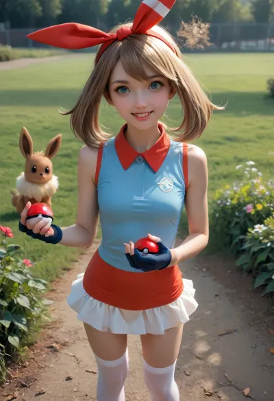 (masterpiece, best quality, high resolution, photorealistic, cinematic lighting), (Pokemon style1:1.3), 1 girl, (Pokemon trainer), age 18, standing and holding a pokeball in her hand, white skin, very cute, happy smiling face, (golden blonde hair), (short hair), (bobcut hairstyle), hairband, skinny, short waisted, petite, (wearing a sleeveless mini dress), (wearing silk stockings up to her knees), tennis shoes, in a green grassy field, flowers, leafy bushes, ((an Eevee Pokemon is in the grass in a battle pose)), 1girl, May, (/pokemon), /, (ultra, HD, quality, details), brown, hair, blue, eyes, long, twintails, between, bike, shorts, collared, shirt, gloves, microskirt, multicolored, pencil, skirt, red, short, sleeves, white, bandana, <lora:Imagine_Eevee:.8>, <lora:May_-Pokemon_sdxl_NSFW:.8>