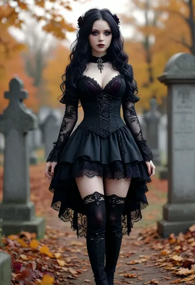 Beshine, albino skin, extremely pale skin, veins showing through skin, cemetery park, black roses all around, sunset, autumn leaves, realistic lighting, regal Black hunting dress with purple lace trim and silver adornment, evil mischievous smile at camera, long black wavy hair, dark makeup, extreme cleavage, hanging viewer a small black vial, Gothic style, art, fantasy, drawing in the style of realistic anime, dark, Gothic, high, heels, sexy, heel, 15, cm, boots, <lora:398313_training_data:.8>, <lora:MJ52:.8>