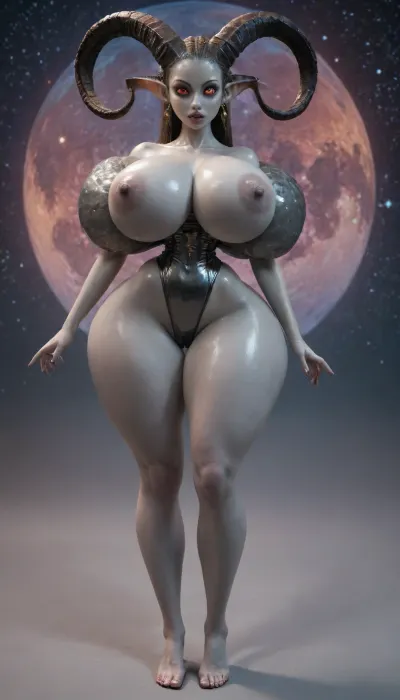 Soft skin, (grey skin:1), alien girl, shiny skin beautiful face, ornate horns, no hair, head crest, (tiny waist:1.5), (oversized thick thighs:1.5), enormous bare rounded breasts, exposed navel, stomach exposed, bitting lip, waist, bimbo lips, (oversized wide hips:1.5), space background, (ultra long legs:1), full body shot