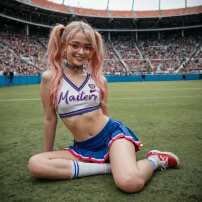 18 year old girl, English, Beautiful, cheerleader cosplay, innocent looking, happy face, eye contact, blonde and pink hair, pigtails, perfect small breasts, long legs, slim, legs wide open, pubic hair, tattoos, red sneakers, white ankle socks, colorful skirt, tee shirt pulled up to show breasts, choker, glasses, sat on the floor in a stadium, master piece, photo realistic, best quality