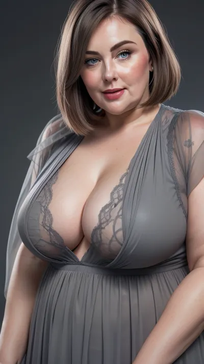 (Close-up:1.7), face focused, portrait photo a mature chubby woman, perfect face, fat oversized huge bosom, enormous limp hanging boobs, (hard nipples:1.3), oversized lacy cloths, dreamy tulle, presenting bosom, fat round face, flushed cheeks, double chin, strong jawline, strong broad fat shoulders, fat strong arms, 50 years old Woman, blue eyes, (light chestnut pixie haircut), (straight hair), joyful smile, looking at viewer, (solid dark grey background:1.3), low level shoot, film grain, style by Flora Borsi, OverallDetail, downblouse, loose, t-shirt, leaning, forward, pokies, <lora:Lora_Srabonti2023-X4:.2>, <lora:downblouse-v1:.6>, <lora:weight_slider_v2:.8>, <lora:age_slider_v20:.8>