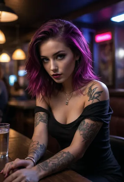 neonpunk style, 25 year old woman, small tits, tattoos, piercings, crawling on the table, (crawling towards you), on hands and knees, focus on pretty face, long hair, (loose off the shoulder t shirt), (oversized t shirt), black shirt, down blouse, seductive, horny expression, ((restaurant booth)), dive bar, nightclub, punk style, cyberpunk, vaporwave, neon, vibes, vibrant, stunningly beautiful, crisp, hyper realistic, sleek, magenta highlights, dark purple shadows, <lora:attractive_notrigger:.5>, <lora:dark:.3>