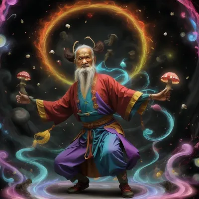 natural, ultra HD. misteria. dzogochen. dao. dancing old man master-mushroom as a living being, dancing in the style of kung fu and psilocybin hallucinations, and there should be swirling mist, sparks and magic.