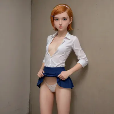 Gwen tennyson from ben10 in school uniform Leaning against wall sexy, wearing open white shirt, pulling up white lace thong, gwen, tennyson, (/Ben10), /, (ultra, HD, quality, details), bright, orange, (green, eyes), <lora:Gwen Tennyson (Ben10) - XL SCXL V1.0:.8>, microskirt, extremely, skirt, <lora:MicroSkirt_XL:.8>, <lora:278488_training_data:.8>, houjousatoko, short, hair, blonde, purple, eyes, hairband, large, breasts, <lora:houjousatokoXL1:.8>, flat, chested, <lora:flat_chested_v3.5:.8>