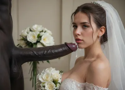 (Black skin muscular man), (very large and thick black cock), monster black cock, ((A close-up of a Presian Bride in wedding dress, Beside her lies a delicate white bridal bouquet)), ., (Thick, glossy white cum with creamy undertones is slowly poured over bride's face and the flowers, dripping down the sides and partially covering the eyes), . The lighting is soft and cinematic, enhancing the shine of the sperm, the texture of the slime, and the dark contrast of the background. The scene feels poetic, artistic, and symbolically messy—blending elegance with surreal distortion.