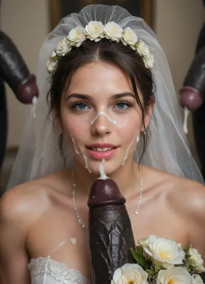 (Black skin muscular man), (very large and thick black cock), monster black cock, ((A close-up of bukkake cumshot facial Persian Bride's face lies a delicate white bridal bouquet)), ., (Thick, glossy white cum with creamy undertones is slowly poured over the box and flowers, dripping down the sides and partially covering the rings), . The lighting is soft and cinematic, enhancing the shine of the rings, the texture of the slime, and the dark contrast of the background. The scene feels poetic, artistic, and symbolically messy—blending elegance with surreal distortion., happy, <lora:happy_v2:.8>