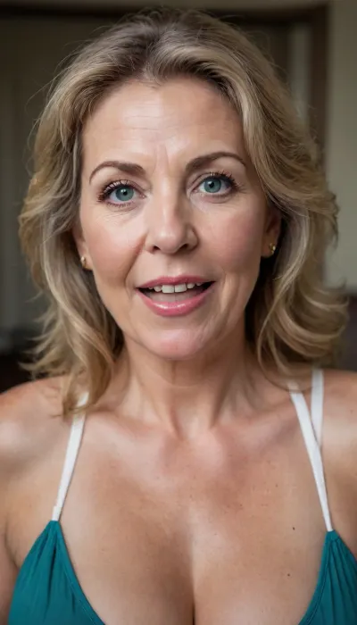 (gilf:1.4), 60 year old obese mature exotic European woman, Macedonian, olive skin, (auburn hair with gray roots), (blue-green eyes), (open mouth:1.2), big smile, lips parted, teeth showing, (plump lips:1.2), (big juicy lips), (facial, cum dripping out of her mouth and down her chin), happy expression on face, obese, chubby round belly, looking at viewer, intense eye contact, beautiful eyes, (fat face), chubby cheeks, chubby face, wrinkles on face, detailed eyes, detailed skin, big gold hoop earrings, blank blurred dark background, photo realistic, well lit, (wearing a white spaghetti strap v-neck halter top), downblouse, nipslip, wrinkles, jewelry, long, hair, short, smiling, 1girl, blue, eyes, <lora:RealDownblouseXL2:.3>, <lora:Older_woman-000008:.3>