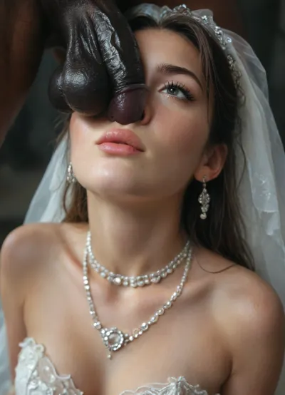 interracial, (two muscular black skin brutes), very very large black penises, black cocks, black dicks, hazel eyes, iranian face, (two thick black penises), (double painful deepthroat BBC), (face fuck destroy), ((deepthroat balls deep)), ((all thick Big black cock deepthroat)), (slime on face), super close up image, micro art photograph of an Iranian curvy bride standing on a glossy black velvet floor against a pitch-dark background. Dramatic, cinematic lighting with high contrast and soft shadows., ((Her entire feet, nylon, pussy, body, and classic lace white wedding dress are covered in a thick, jelly-like texture. The slime drips slowly from her hair and shoulders, creating a surreal, beautiful, and mysterious effect.)), The wedding dress features traditional Persian details such as tulle, gemstones, and Islamic motifs, visible beneath the slime. Visually stunning, surreal, and elegant composition with a focus on the tactile contrast between the slime and the white dress against the black velvet., close_up_detailed_shot_of1, BadX, <lora:close_up_detailed_shot_of1:.8>, <lora:671410_training_data:.8>, <lora:MJ52:.6>