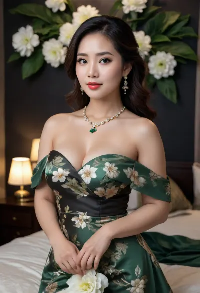 4k uhd photo, vietnamese woman, curvy, In this photo, the woman exudes elegance and poise. She has long, softly styled dark brown hair worn down over one shoulder. Her outfit is a fitted, off-the-shoulder dress with a floral pattern featuring large white flowers and green leaves on a black background. One breast is exposed, areola, nipples. She accessorizes with a delicate, sparkling necklace and matching earrings, adding a touch of sophistication to her look. Bedroom.

The bedroom background and candle-lit setting suggest a formal or romantic atmosphere, and her serene expression conveys calm confidence. The overall styling emphasizes her refined beauty and graceful presence.