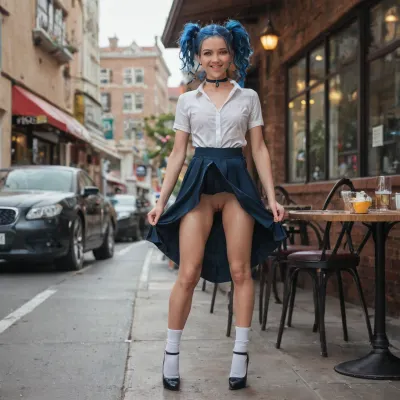 18 year old girl, British, Beautiful, innocent looking, smiling, looking at the camera, blue hair, white shirt open to show breasts, messy pigtails, perfect small breasts, long legs, athletic, legs spread wide open, vagina wide open, pubic hair, tattoos, black high heels, white ankle socks, lifting skirt up, choker, standing up, looking forward, pushing hips forward, front view, in a cafe, masterpiece, photo realistic, best quality, full color