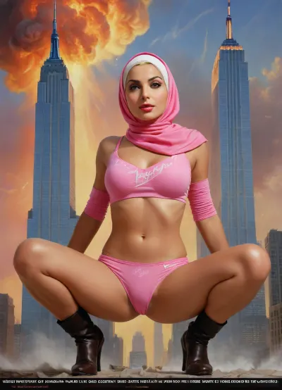 (TITLE TEXT "Virgin No.72":1.8), "Virgin No.72", (text reading "Virgin No.72"), (big movie title "Virgin No.72"), (movie poster:1.2), (huge letters, movie title text:1.2), (Muslim woman, brown skin:1.3), (Arab woman:1.1), (brown skin:1.3), (religious hijab:1.3), wet sweaty body, big text on poster, sweaty body, ((string bikini bottom)), sideview, (((tight uniform 50's))), (((pin up 1940's))), (explosion on World Trade Center:1.1), (1950's movie poster:1.2), (huge title text, movie poster:1.5), (big text on poster:1.5), (1950's movie poster:1.4), (1940's pin up girl), (Muslim girl in hijab sitting on a cloud in the sky:1.2), (hijab:1.5), (Arab girl in underwear:1.2), (skyline in background:1.3), (explosion on skyscraper:1.3), (airplane crashing into World Trade Center:1.3), (September 11 attacks:1.2), (9/11 September twin tower attack:1.2), (airplanes crashing in skyscraper:1.1), (she is wearing a pink hijab), Photography, photorealism, tall, beautiful perfect figure, Knee-high boots, perfect tall legs, charming eyes, sad yet gracious face, dark background, fantasy art capturing the style of Aaron Horkey, Jeremy Mann and Luis Royo, body-focused composition from a low angle, alluring figure, dark fantasy, dynamic composition, warm hues, showcases acrylic calligraphy, watercolor techniques integrated seamlessly into a maximalist masterpiece, detailed with gouache fluidity, golden hour light, hyperrealism, hypperrealistic, hyperdetailed, 64k, ultraHDR, Movie, Poster, page, panties, pulled, to, side, pussy, shaved, logo, text, sign, that, says, the, word, <lora:Movie Poster:.5>, <lora:Pussy_pants_nohands_D03_realvizXL2_bucket_01-000010:.5>, <lora:texta:1>