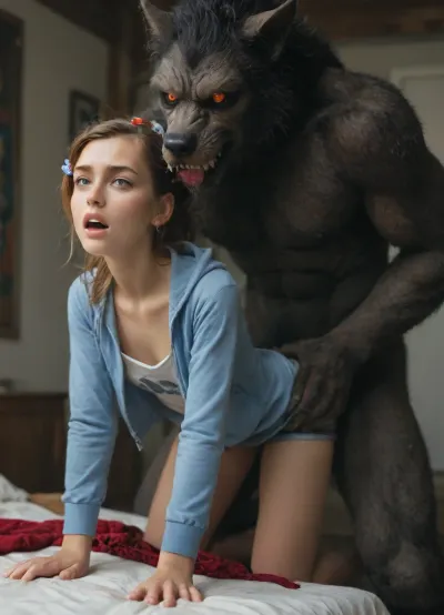 (Movie poster for a 1960s horor movie version of breakfast at Tiffany's:1), Werewolf, massive red knotted werewolf penis, red eyes, doggystyle sex, beautiful skinny woman, rough sloppy sex, primal mating, cum inside, growling, impregnation, moaning and drooling from the mind melting orgasm, massive firm boobs, grabbing her waist, grabbing hair, modern-werewolf, (/Ben10), /, (ultra, HD, quality, details), (green, eyes), flat, chest, pale, purple, kokkoro, akgmiria_AA, akagi, miria, brown, eyes, two, side, up, short, hair, black, red, hoodie, hooded, jacket, shorts, open, akgmiria_BB, hood, blue, striped, shirt, akgmiria_CC, scrunchie, gray, skirt, dress, white, bag, <lora:Modern_Werewolf:.8>, <lora:MJ52:1.1>, <lora:akagi_miria_animagine_v1:.8>