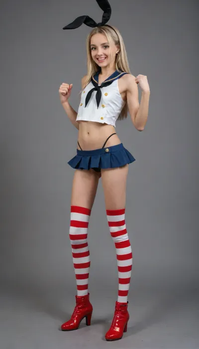 High quality and detail, (4K), (Shimakaze from kan colle, shimakaze cosplay), 18 years old, full body, detailed body, very skinny, flat chest, (narrow skinny face), excited face, detailed focused face, short small body, (anime style:1.2), (yellow blonde hair), on a battle ship, overly excited pose, (red white striped knee high socks, tiny blue micro skirt, black g string, visible cameltoe, red high heeled latex boots)