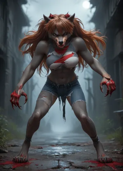 ((((Asuka Langley)))), solo, ((long claws)), no tail, ((athletic)), (((furry angry bad dark grey Werewolf skin:2))), (((((torn dancer outfit))))), big breasts, (((blood on the hands and blood on the mouth))), outdoor night, full body, score_9, score_8_up, score_7_up