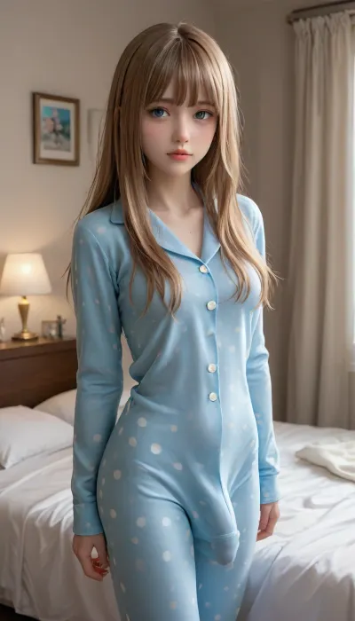 Futanari, long hair, bangs, hinata, freckles, thick lips, beautiful face, looking at viewer, big tits, blue eyes, wet lips, bottomless, wide hips, polka dot pajamas, blue and white polka dots, skin tight pajamas, soft lighting, bedroom, standing, lcock bulge, panty bulge, bulge, huge long penis visible under clothes