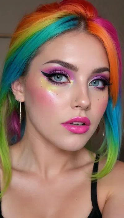 (avant-garde snapshot aesthetic, adorable girlfriends, group of girlfriends:1.6), (punk rock model, punk attitude, punk hair style, eye catching hairstyle, vibrant hair:1.5), (rainbow makeup, vibrant makeup, shimmering makeup, pride makeup:1.6), (focus on eyes, sharp focus on eyes:1.7), (detailed skin, maximum skin detail, detailed clothing:1.3), (natural skin texture, natural hair texture, vellus hairs, goosebumps:1.3), (vibrant and inspirational color palette:1.2), (shallow depth of field:1.4), (dramatic lighting:1.3), (blurred background:1.1), ziprealism, igbaddie, wide opened mouth, long tongue out, ahegao, ahegao tongue, <lora:igbaddie-XL:.8>