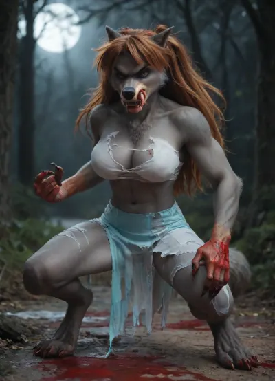 ((((Asuka Langley)))), solo, ((long claws)), no tail, ((athletic)), (((furry angry bad dark grey Werewolf skin:2))), (((((torn dancer outfit))))), big breasts, (((blood on the hands and blood on the mouth))), outdoor night, full body, score_9, score_8_up, score_7_up