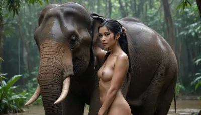 (subject, a nude Thai elephant guide with long black hair tied in a ponytail riding on the elephant's neckt, description, lush jungle during heavy rainfall, water droplets glistening on leaves and the elephant's wet skin, mist rising from the damp ground, style/aesthetic, cinematic realism with dramatic lighting and rich, earthy tones), view fron side, elefant in profile, close-up woman