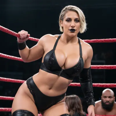Rhea ripley, very pale, short black hair with gothic makeup and black lipstick, thick curvy athletic body with large breasts, wide hips and a giant fat ass, wearing revealing wresting outfit with a thong, leaning over the top rope in a well lit wrestling ring, cute smiling face