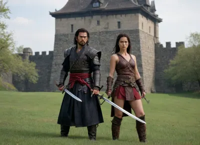 (masterpiece, best quality, high resolution, photorealistic, cinematic lighting), (Dungeons and Dragons style Player's Handbook cover art), (1 man and 1 woman standing side by side outside of a castle on a grassy knoll), ((the man is dressed as a samurai and carries a katana sword at his side)), ((the woman is dressed as a barbarian and carries a huge battle axe strapped to her back)), flowers, trees