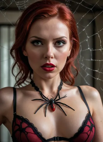 realistic, cinematic image, naked man, trapped in a spider web, black lingerie, sexy detail in red, (black widow spider), spider web, black widow spider, a woman in a corset and sexy lingerie, spider, black widow.