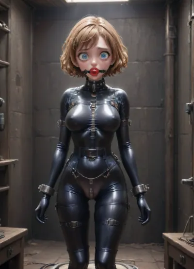 1girl, masterpiece, best quality, high detail, latex suit, latex thigh high gloves, latex thigh high boots, tight waist belt, thick wrist cuffs, thick ankle cuffs, latex chastity belt, high collar, slave collar, short hair, short curly hair, huge latex ball gag, wide eyes, medium perky breasts, torture chamber