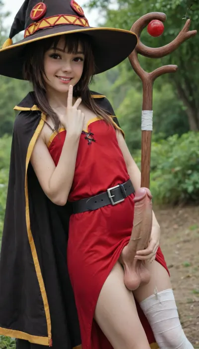 masterpiece, best quality, amazing quality, very aesthetic, absurdres, highres, ultra-detailed, Kuroda Kazuya Style, 1girl, solo, megumin, short hair with long locks, brown hair, red eyes, small breasts, black hat, red dress, black cape, belt, single thighhigh, bandaged leg, holding staff, BREAK looking at viewer, head tilt, blush, smile, hand up, sexy pose, dynamic angle, outdoors, futanari, mastrubation, erect penis, hard penis, sagging testicles, veiny cock, leaking precum, throbbing cock
