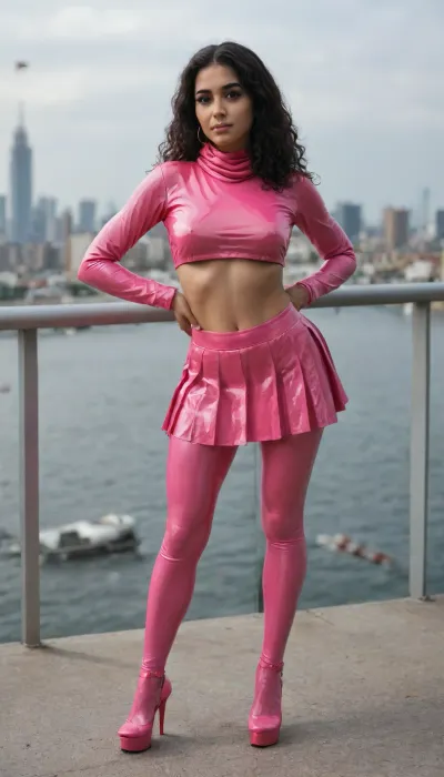 shy 25 year old girl wearing a pink hijab, full body shot, (very embarrassed), (sitting on a cloud in the sky:1.1), (New York skyline in background), (airplane crashing in a skyscraper and exploding:1.1), (feeling exposed), (pink platform high heels), (hands behind her back), (brown skin), (Arab girl), (dark hair), ((standing insecurely:1.1)), (Muslim), (ultra short light pink pleated latex micro skirt:1.4), (extremely small pink latex micro skirt:1.3), (micro skirt riding up), (plateau high heels:1.3), (well-built upper body)