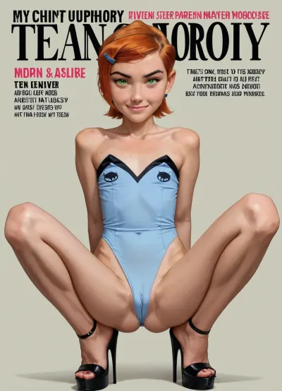 ((full body in shot)), ((detail Gwen Tennyson)), ((skinny body)), Photorealistic, wide angle, A vintage image of a short thin woman, (detail presenting detailed cameltoe:1.2), wide thigh gap, petite, (skinny:1.2), ((flat chested)), orange hair bob cut, (detail blue clip in hair:1), very high platform high heel stripper shoes, ((magazine)), ((high quality)), ((cute face)), excited look, (covered pussy), ((playboy cover)), magazine, cover, gwen, tennyson, (/Ben10), /, (ultra, HD, quality, details), bright, orange, hair, short, (green, eyes), <lora:playboy_cover_SDXL_v1:.5>, <lora:Gwen Tennyson (Ben10) - XL SCXL V1.0:1.1>