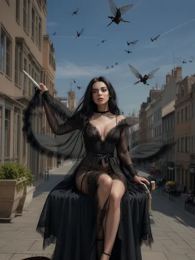 beautiful 20yo brunette, dressed in a black lace transparent robe. flies sitting on a broom. long black hair blown by the momentum. the neckline parted by the momentum reveals naked large breasts. the robe lifted by the momentum reveals the pussy and black pubic hair, beautiful witch on a broom, flies over the city street, flight on a broom, flight sitting astride a broom, ((sits on a broom)), flight a meter above the ground, flies towards the viewer