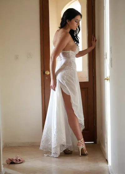 POV of someone secretly watching an Iranianslut super busty bimbo bride through a half-open door. The camera angle is slightly hidden, as if the viewer is peeking from the hallway. The bride is completely unaware, facing away or in profile, in the middle of an intense phone call with the groom. Her expression is upset—angry, emotional, and raw. One hand is holding the phone, and the other is gesturing with frustration. She is dressed in a traditional Persian white wedding dress with delicate embroidery. One bridal shoe is on, the other still on the floor. Soft natural light enters from a side window, casting gentle shadows and creating a moody, cinematic atmosphere. The edge of the door or wall partially frames the image, enhancing the feeling of secrecy and voyeurism. The mood is tense, private, and emotionally charged—like a stolen moment before a wedding confrontation., <lora:Realistic_People_V1:.8>, sokate, <lora:sokate:.8>, high, heels, sexy, heel, 15, cm, boots, <lora:398313_training_data:.8>