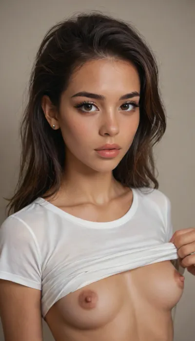 ziprealism, (score_9, score_8_up), masterpiece, (sharp focus, three-quarters view, intimate portrait, focus on eyes, sultry gaze:1.3), (small breasts, perky breasts, tight nipples), (comfy tshirt, shirt pull, hand pulling shirt), (high saturation, high contrast), (Latina, Mexican, rich brown skin tone, gorgeous face, elegant jawline:1.2), (subtle freckles:.4), (dark hair with warm highlights, voluminous hair, swept back hairstyle:1.4), (full lips, long eyelashes, perfect eyes), professional lighting, portrait studio, igbaddie, <lora:igbaddie-XL:.4>