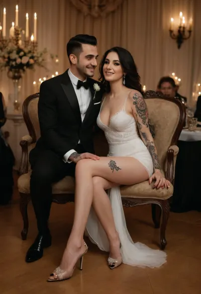 A joyous Iranian wedding celebration in an elegant indoor venue, featuring a bride with very pale skin and a curvy figure sitting on a luxurious chair. The bride wears a stunning super slutty white wedding gown with intricate sheer details, (((her leg exposed to reveal a detailed black spades tattoo))), . The groom, dressed in a sharp black suit, kneels beside her, proudly showing the tattoo on her leg to the guests. The crowd of guests, dressed in festive and elegant attire, surrounds them, smiling and celebrating with happiness. The setting is warm and festive, adorned with soft lighting, floral decorations, and a romantic ambiance, capturing the love and excitement of the moment.