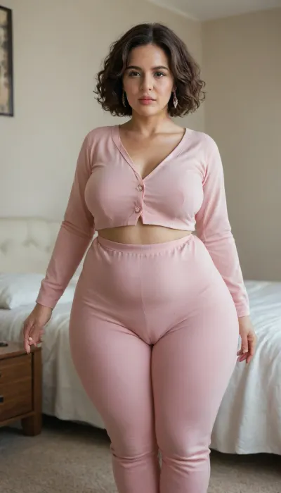 Obese 50 year old milf, brunette hair, in light pink pajamas, (wide hips:1.3), big hips, high hips, narrow waist, massive lips, disheveled hairstyle, luxury bedroom, (cameltoe), (fupa)
