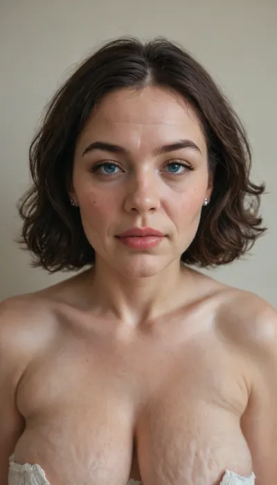 A realistic, life like photograph of a mature looking woman, she is 58 years old, long black gothic hair in a layered hairstyle, olive skin, no make up, Fine lines around her eyes and mouth that are consistent with her age and add to the authenticity of her mature beauty, (cellulite:1.3), (face wrinkles), (chubby aged face), Ukrainian, white skin. Looking at viewer, blue eyes, detailed eyes