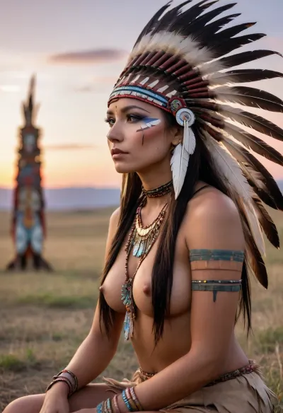 A adult beautiful slender Sioux Indian woman with a large colorful Indian Sioux feather headdress and war paint kneels on the prairie in front of a Native American totem pole, She has a pretty coquettish faded face, elaborate hairstyle, small breasts, detailed crystal eyes, light glowing irises, heartshaped lips, lip gloss, aroused skin, sunset, long shadows, ancient native mood, detailed photo, photorealistic photo, realistic pretty women photo, night vision, soft fokus, parallax, overexposure, view from back, #©KITTYART



































#©KITTYART
