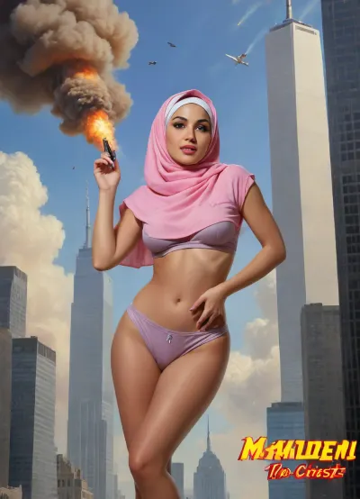 (TITLE TEXT "MAIDEN No.72":1.8), (movie poster:1.2), (huge letters, movie title text:1.2), (Muslim woman, brown skin:1.3), (Arab woman:1.1), (brown skin:1.3), (religious hijab:1.3), wet sweaty body, big text on poster, sweaty body, ((string bikini bottom)), sideview, (((tight uniform 50's))), (((pin up 1940's))), (explosion on World Trade Center:1.1), (1950's movie poster:1.2), (huge title text, movie poster:1.5), (big text on poster:1.5), (1950's movie poster:1.4), (1940's pin up girl), (Muslim girl in hijab sitting on a cloud in the sky:1.2), (hijab:1.5), (Arab girl in underwear:1.2), (skyline in background:1.3), (explosion on skyscraper:1.3), (airplane crashing into World Trade Center:1.3), (September 11 attacks:1.2), (9/11 September twin tower attack:1.2), (airplanes crashing in skyscraper:1.1), (she is wearing a pink hijab), Photography, photorealism, tall, beautiful perfect figure, Knee-high boots, perfect tall legs, charming eyes, sad yet gracious face, dark background, fantasy art capturing the style of Aaron Horkey, Jeremy Mann and Luis Royo, body-focused composition from a low angle, alluring figure, dark fantasy, dynamic composition, warm hues, showcases acrylic calligraphy, watercolor techniques integrated seamlessly into a maximalist masterpiece, detailed with gouache fluidity, golden hour light, hyperrealism, hypperrealistic, hyperdetailed, 64k, ultraHDR, Movie, Poster, page, panties, pulled, to, side, pussy, shaved, logo, text, sign, that, says, the, word, <lora:Movie Poster:.5>, <lora:Pussy_pants_nohands_D03_realvizXL2_bucket_01-000010:.5>, <lora:texta:1>