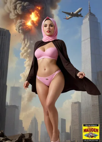 (TITLE TEXT "MAIDEN No.72":1.8), (movie poster:1.2), (huge letters, movie title text:1.2), (Muslim woman, brown skin:1.3), (Arab woman:1.1), (brown skin:1.3), (religious hijab:1.3), wet sweaty body, big text on poster, sweaty body, ((string bikini bottom)), sideview, (((tight uniform 50's))), (((pin up 1940's))), (explosion on World Trade Center:1.1), (1950's movie poster:1.2), (huge title text, movie poster:1.5), (big text on poster:1.5), (1950's movie poster:1.4), (1940's pin up girl), (Muslim girl in hijab sitting on a cloud in the sky:1.2), (hijab:1.5), (Arab girl in underwear:1.2), (skyline in background:1.3), (explosion on skyscraper:1.3), (airplane crashing into World Trade Center:1.3), (September 11 attacks:1.2), (9/11 September twin tower attack:1.2), (airplanes crashing in skyscraper:1.1), (she is wearing a pink hijab), Photography, photorealism, tall, beautiful perfect figure, Knee-high boots, perfect tall legs, charming eyes, sad yet gracious face, dark background, fantasy art capturing the style of Aaron Horkey, Jeremy Mann and Luis Royo, body-focused composition from a low angle, alluring figure, dark fantasy, dynamic composition, warm hues, showcases acrylic calligraphy, watercolor techniques integrated seamlessly into a maximalist masterpiece, detailed with gouache fluidity, golden hour light, hyperrealism, hypperrealistic, hyperdetailed, 64k, ultraHDR, Movie, Poster, page, panties, pulled, to, side, pussy, shaved, logo, text, sign, that, says, the, word, <lora:Movie Poster:.5>, <lora:Pussy_pants_nohands_D03_realvizXL2_bucket_01-000010:.5>, <lora:texta:1>