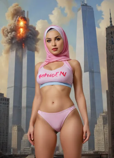 (TITLE TEXT "MAIDEN No.72":1.8), (movie poster:1.2), (huge letters, movie title text:1.2), (Muslim woman, brown skin:1.3), (Arab woman:1.1), (brown skin:1.3), (religious hijab:1.3), wet sweaty body, big text on poster, sweaty body, ((string bikini bottom)), sideview, (((tight uniform 50's))), (((pin up 1940's))), (explosion on World Trade Center:1.1), (1950's movie poster:1.2), (huge title text, movie poster:1.5), (big text on poster:1.5), (1950's movie poster:1.4), (1940's pin up girl), (Muslim girl in hijab sitting on a cloud in the sky:1.2), (hijab:1.5), (Arab girl in underwear:1.2), (skyline in background:1.3), (explosion on skyscraper:1.3), (airplane crashing into World Trade Center:1.3), (September 11 attacks:1.2), (9/11 September twin tower attack:1.2), (airplanes crashing in skyscraper:1.1), (she is wearing a pink hijab), Photography, photorealism, tall, beautiful perfect figure, Knee-high boots, perfect tall legs, charming eyes, sad yet gracious face, dark background, fantasy art capturing the style of Aaron Horkey, Jeremy Mann and Luis Royo, body-focused composition from a low angle, alluring figure, dark fantasy, dynamic composition, warm hues, showcases acrylic calligraphy, watercolor techniques integrated seamlessly into a maximalist masterpiece, detailed with gouache fluidity, golden hour light, hyperrealism, hypperrealistic, hyperdetailed, 64k, ultraHDR, Movie, Poster, page, panties, pulled, to, side, pussy, shaved, logo, text, sign, that, says, the, word, <lora:Movie Poster:.5>, <lora:Pussy_pants_nohands_D03_realvizXL2_bucket_01-000010:.5>, <lora:texta:1>