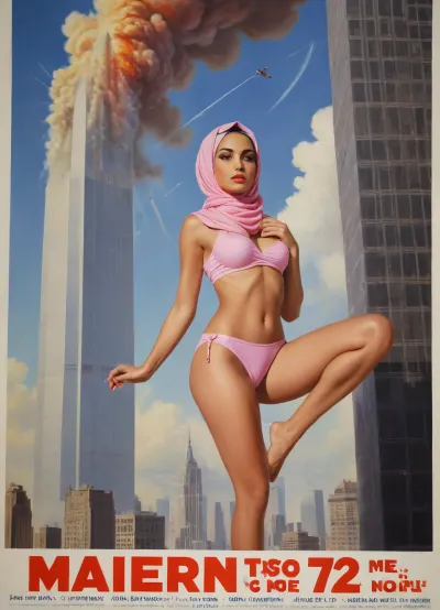 (TITLE TEXT "MAIDEN No.72":1.8), (movie poster:1.2), (huge letters, movie title text:1.2), (Muslim woman, brown skin:1.3), (Arab woman:1.1), (brown skin:1.3), (religious hijab:1.3), wet sweaty body, big text on poster, sweaty body, ((string bikini bottom)), sideview, (((tight uniform 50's))), (((pin up 1940's))), (explosion on World Trade Center:1.1), (1950's movie poster:1.2), (huge title text, movie poster:1.5), (big text on poster:1.5), (1950's movie poster:1.4), (1940's pin up girl), (Muslim girl in hijab sitting on a cloud in the sky:1.2), (hijab:1.5), (Arab girl in underwear:1.2), (skyline in background:1.3), (explosion on skyscraper:1.3), (airplane crashing into World Trade Center:1.3), (September 11 attacks:1.2), (9/11 September twin tower attack:1.2), (airplanes crashing in skyscraper:1.1), (she is wearing a pink hijab), Photography, photorealism, tall, beautiful perfect figure, Knee-high boots, perfect tall legs, charming eyes, sad yet gracious face, dark background, fantasy art capturing the style of Aaron Horkey, Jeremy Mann and Luis Royo, body-focused composition from a low angle, alluring figure, dark fantasy, dynamic composition, warm hues, showcases acrylic calligraphy, watercolor techniques integrated seamlessly into a maximalist masterpiece, detailed with gouache fluidity, golden hour light, hyperrealism, hypperrealistic, hyperdetailed, 64k, ultraHDR, Movie, Poster, page, panties, pulled, to, side, pussy, shaved, logo, text, sign, that, says, the, word, <lora:Movie Poster:.5>, <lora:Pussy_pants_nohands_D03_realvizXL2_bucket_01-000010:.5>, <lora:texta:1>
