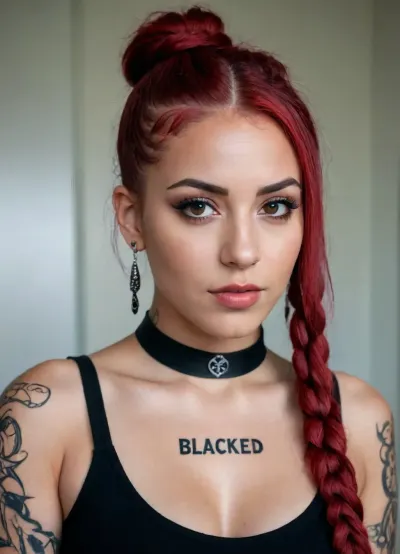 A black top with "‌Blacked" written on it, QOS choker, spades tattoo, spades earrings, Iranian curvy girl, dark red hair, long hair, cornrows haur