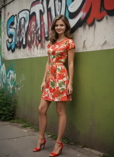 Stylized 1970s Soviet poster art of a girl in a cheerful summer dress leaning on graffiti painted wall with green scrub nearby on the street, bright colors, propaganda-style composition, smiling expression, red accents, bold lines, retro graphic design aesthetic