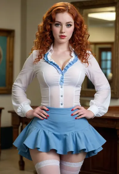 Full body, schoolgirl, extremely large breasts, extremely large ass, extremely large hips, extremely thin waist, extreme hourglass figure, top heavy, bottom heavy, front heavy, back heavy, bimbo body, (18 years old), (pale skin), (long messy curly red hair), (buttoned white shirt with deep cleavage), (short blue ruffled skirt), (light blue stockings), makeup, museum