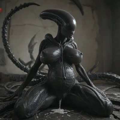solo, (((((female xenomorph))))), ((((((xenomorph skin)))))), pregnant, gigantic xenomorph breasts, sits with xenomorph legs spread, gigantic cumming xenomorph pussy, score_9_up, score_8_up, score_7_up