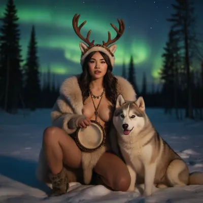 Young and sexy Chukchi shamaness in snowy tundra with northern lights, (fluffy Siberian husky sits next to her:1.2), (((holding a big tambourine:1.1))), wearing furs, small fur panties, partially naked, beats a tambourine, summoning spirits, realism, dramatic lighting, bright lights, warm light, <lora:add-detail-xl:1>, full color image, 8K quality, whole body in frame, dancing with a tambourine in a snowy glade, reindeer antlers on head